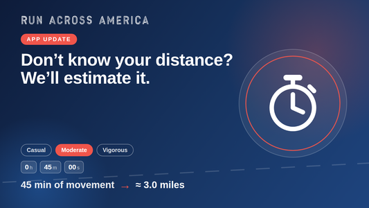 App update: Don't know your distance? We'll estimate it. Graphic showing intensity chips and time fields converting 45 minutes of movement into about 3 miles, with a stopwatch icon.