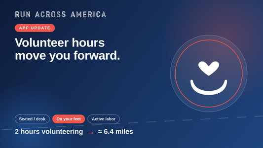 App update: Volunteer hours move you forward. Graphic showing effort chips and 2 hours of volunteering converting to about 6.4 miles, with a heart-and-smile icon.